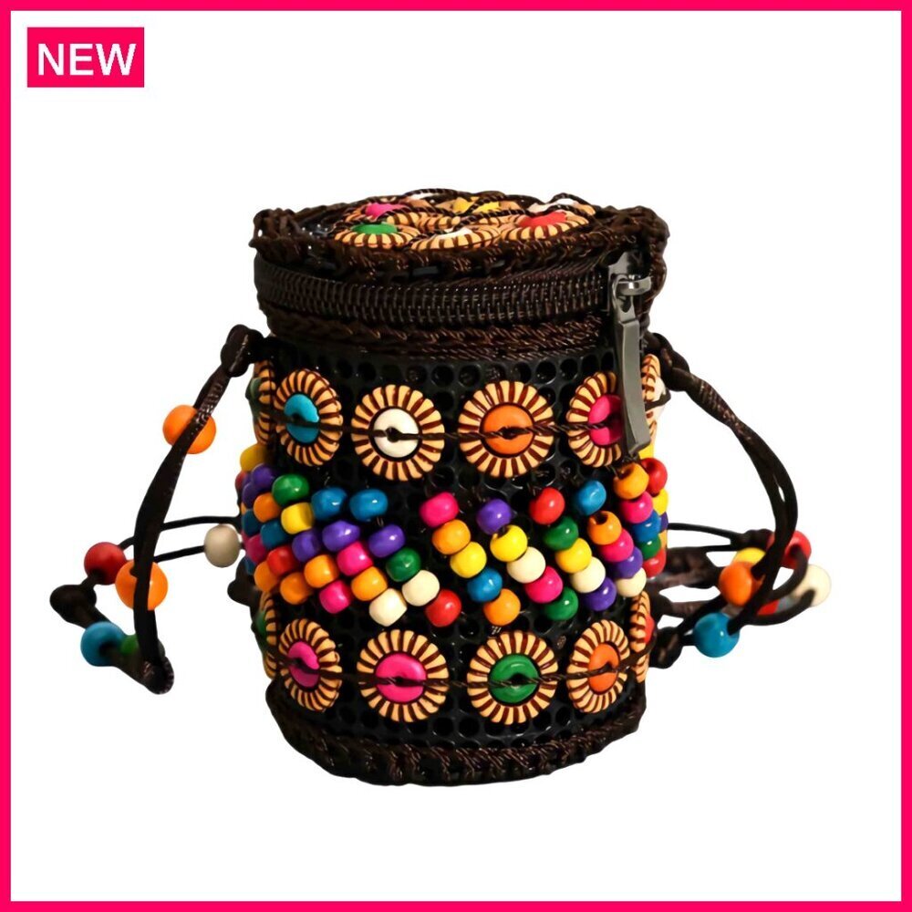 Small Crossbody Bag, Crochet Woven Purse with Beaded Strap, Cell Phone Size